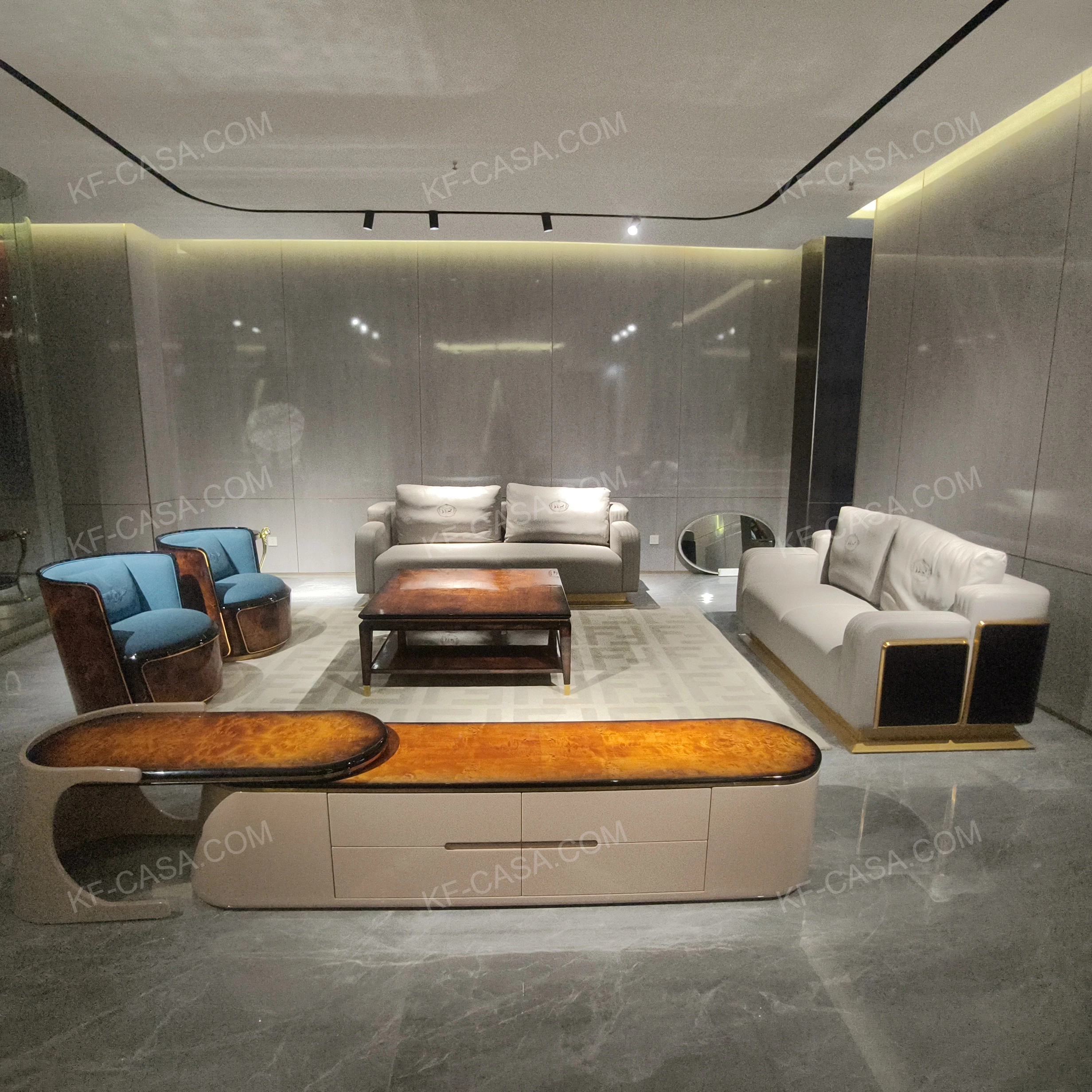 Luxury Light Gray Leather & Teal Velvet Sofa Set with Brand-Embossed Cushions & Gold Stainless Steel Base